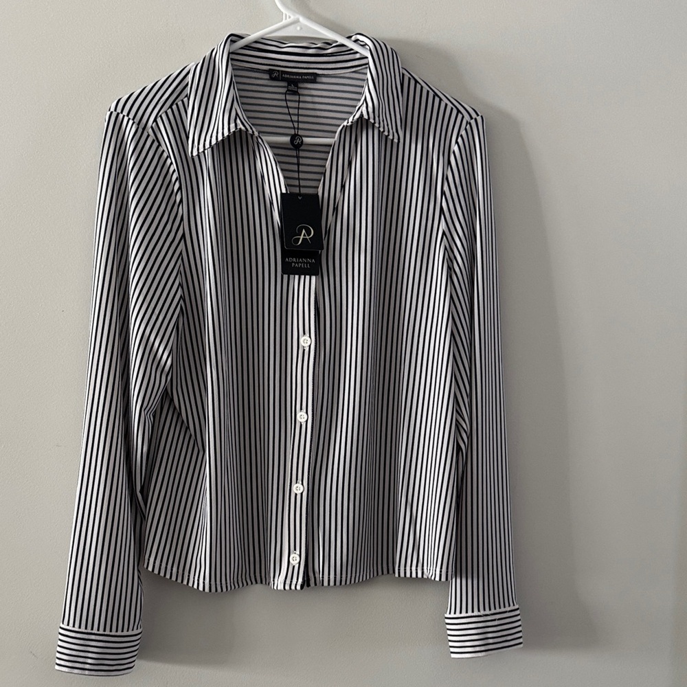 Adrianna Papell Black & White Vertical Stripe Button-Down Shirt